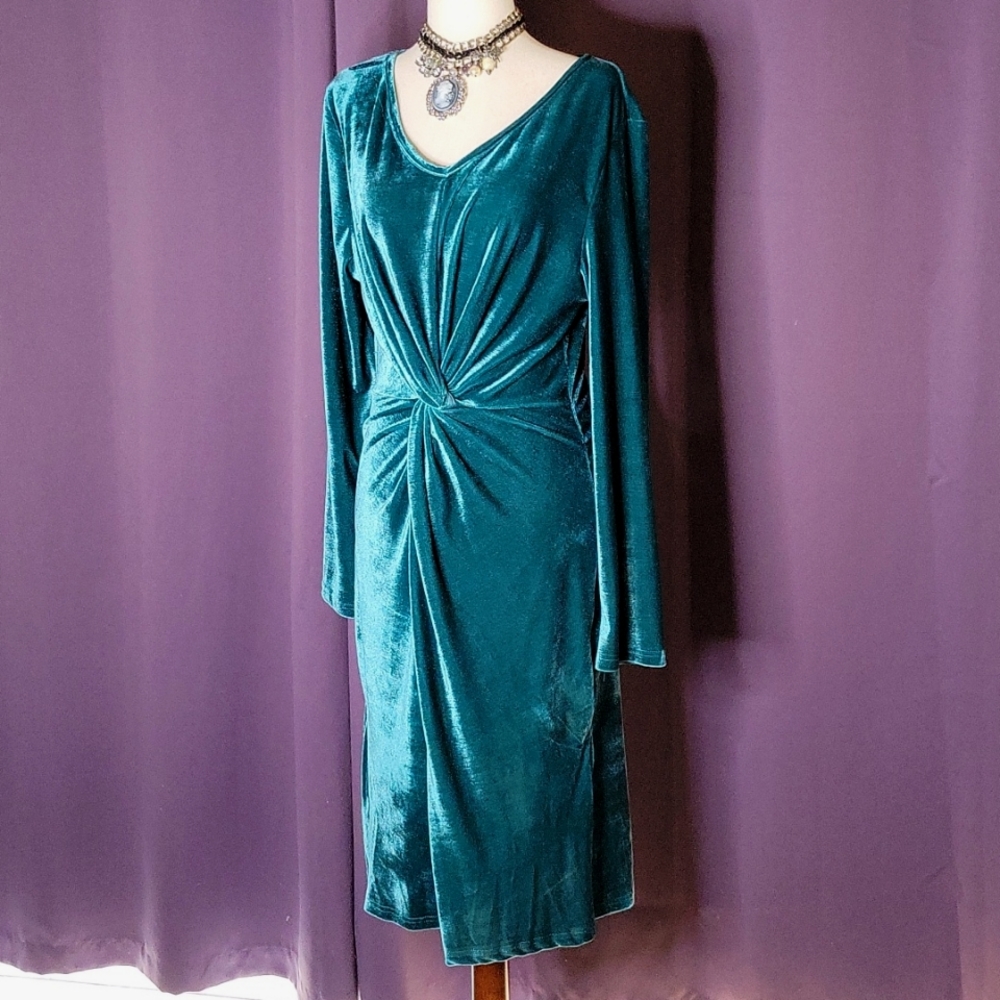 Long Sleeve Velvet Feeling V-neck Midi Dress - Picture 1 of 8
